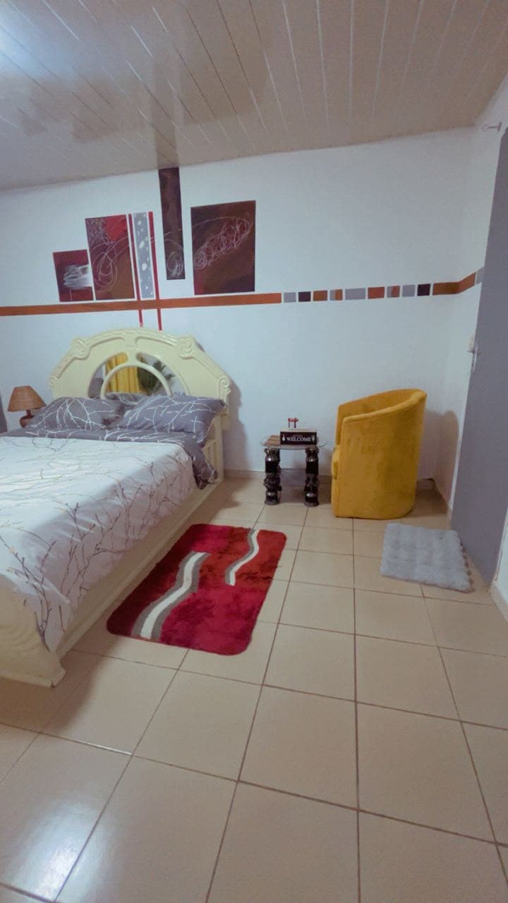 Grand lit du Studio Safran et tapis rouge